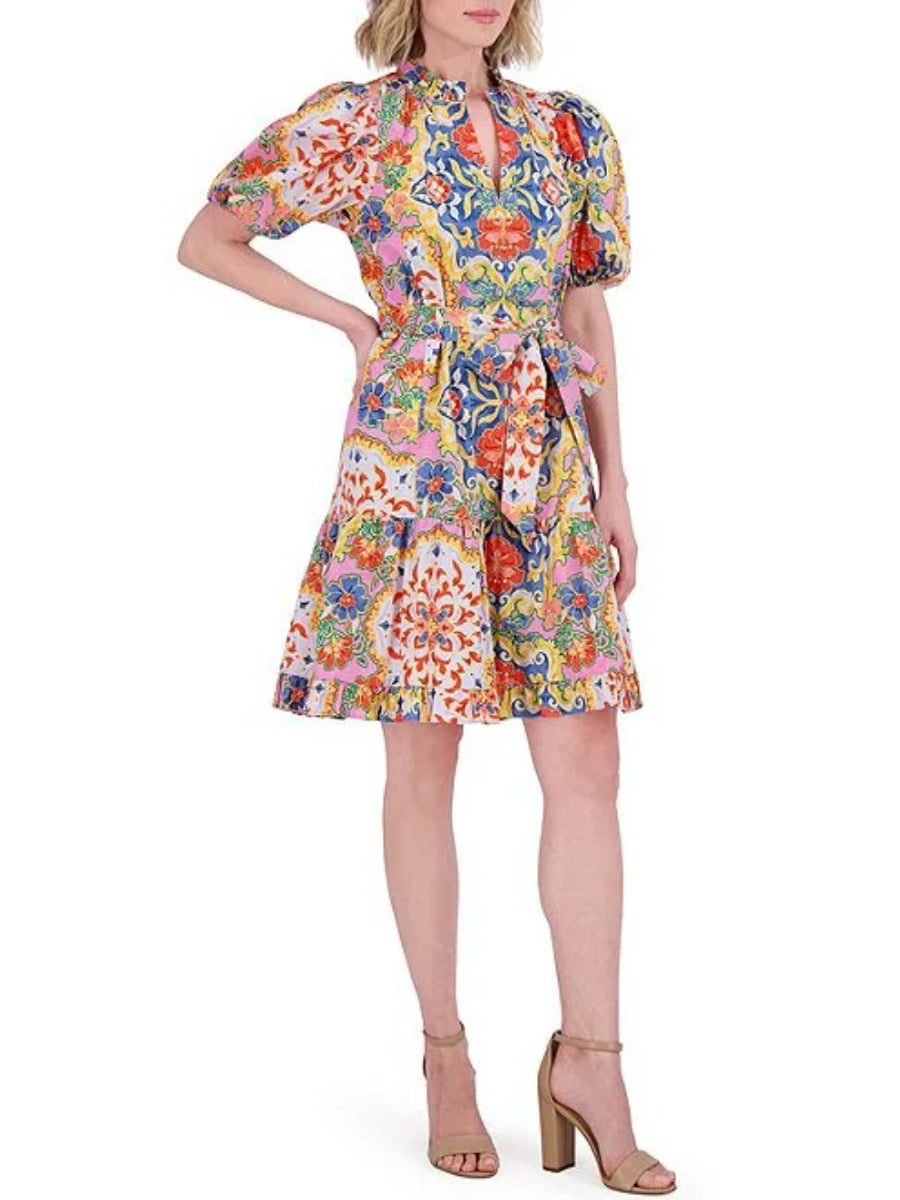 Print Ruffle Tie Waist Puff Sleeve Dress