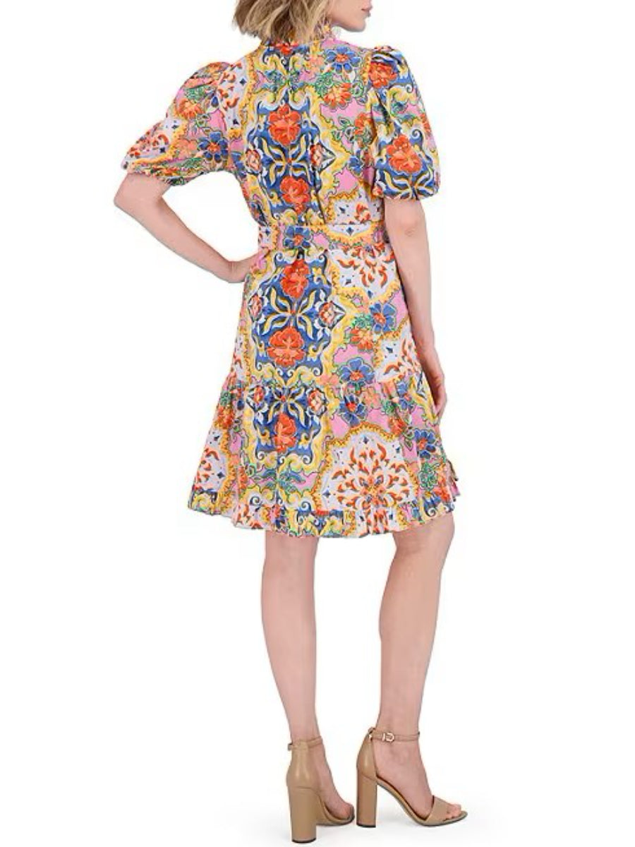 Print Ruffle Tie Waist Puff Sleeve Dress