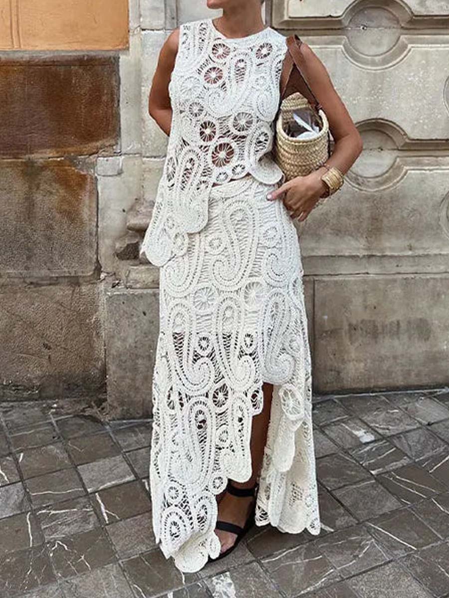 Fashion Knitted Asymmetric Hem Two Pieces Set