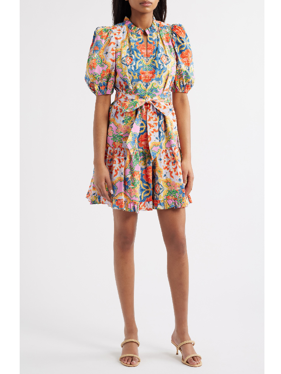 Print Ruffle Tie Waist Puff Sleeve Dress