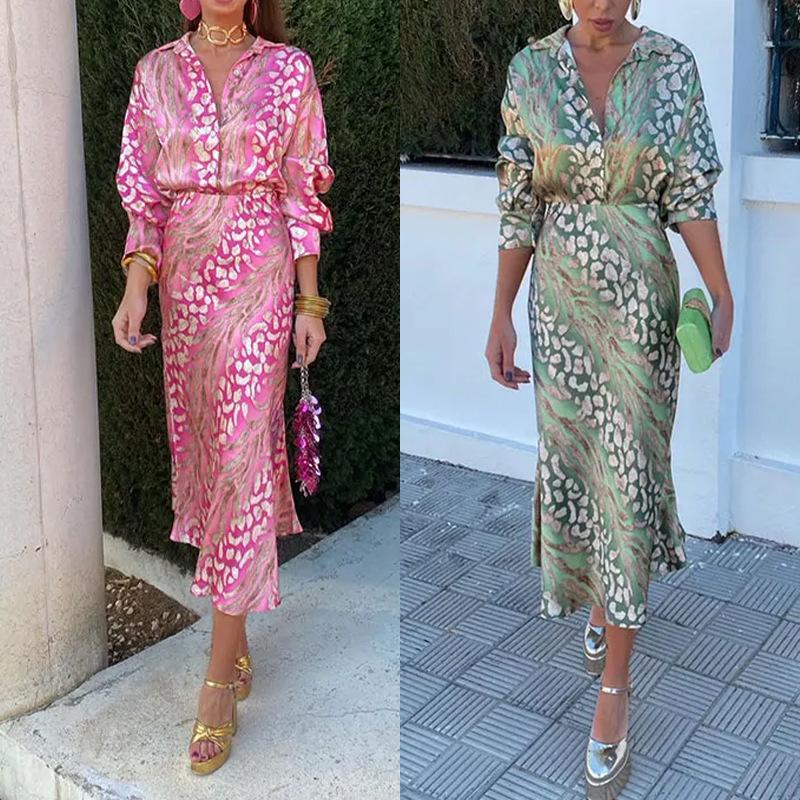 Elegant Printed Lapel Long Sleeve Shirt Dress Set