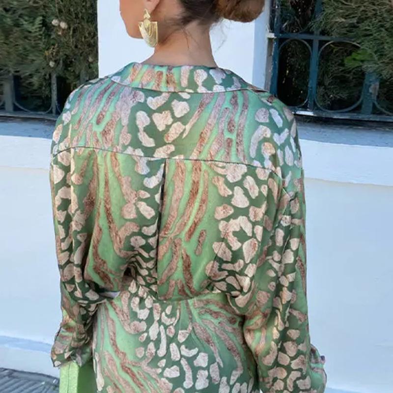 Elegant Printed Lapel Long Sleeve Shirt Dress Set