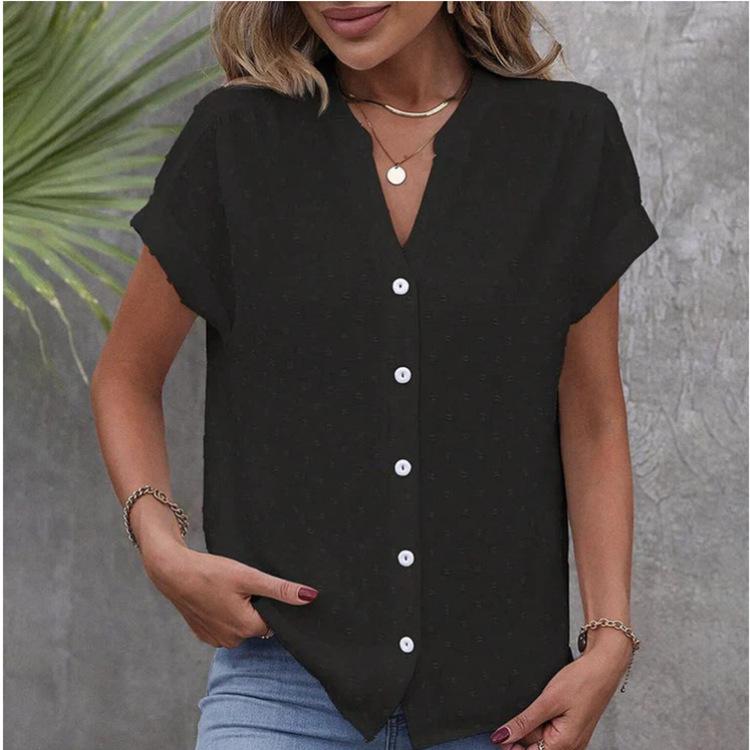 Solid V-Neck Button-Up Blouse
