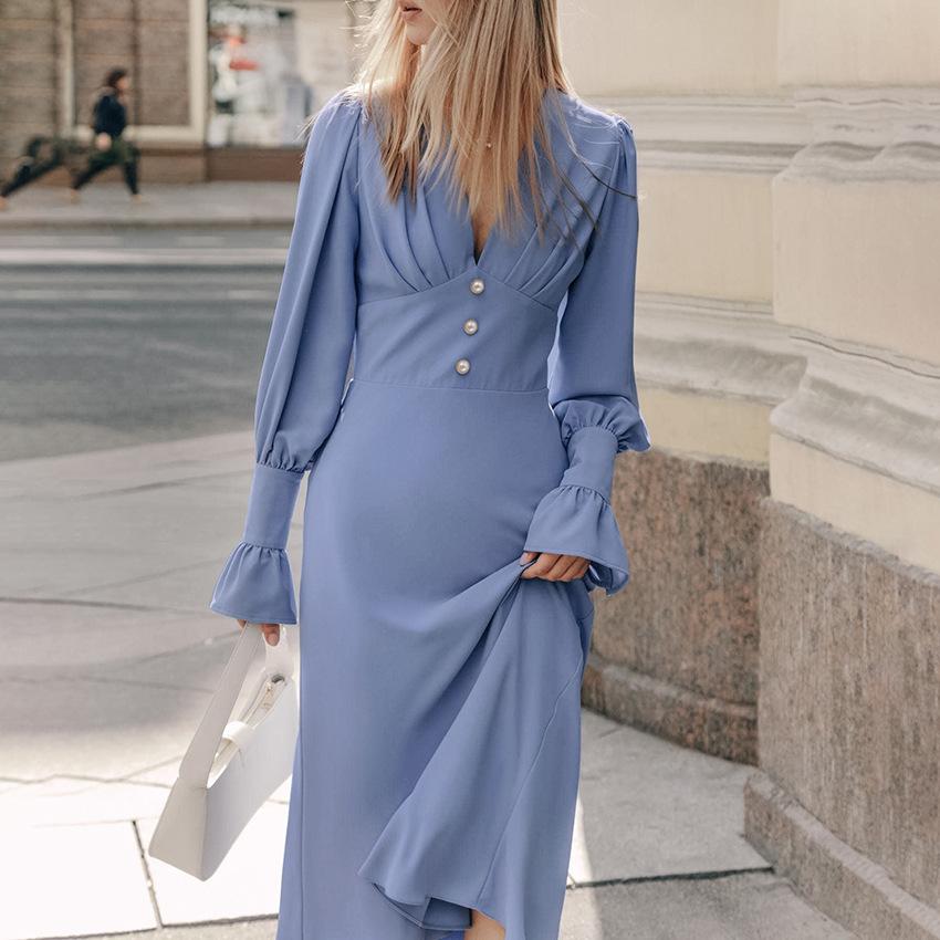 Elegant V-Neck Button Dress