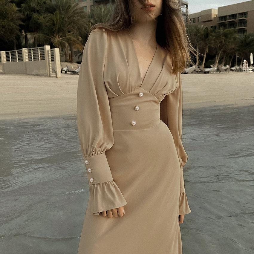 Elegant V-Neck Button Dress