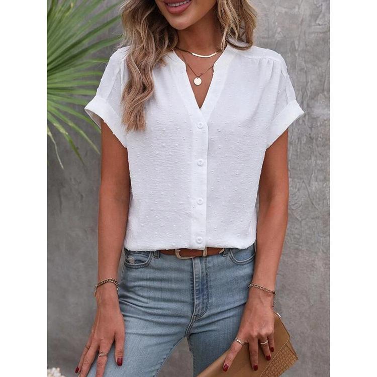 Solid V-Neck Button-Up Blouse
