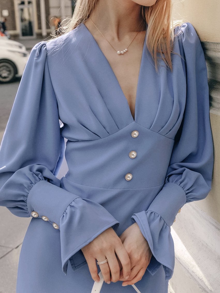 Elegant V-Neck Button Dress