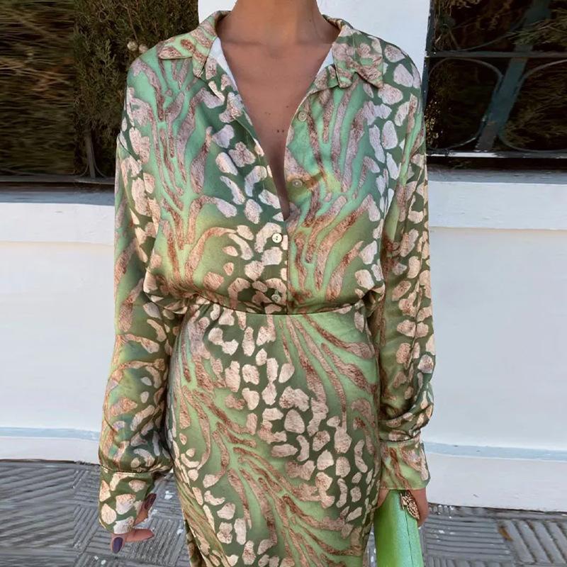 Elegant Printed Lapel Long Sleeve Shirt Dress Set