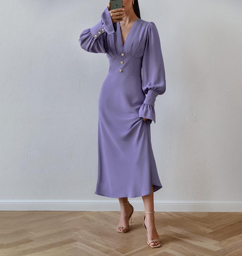 Elegant V-Neck Button Dress