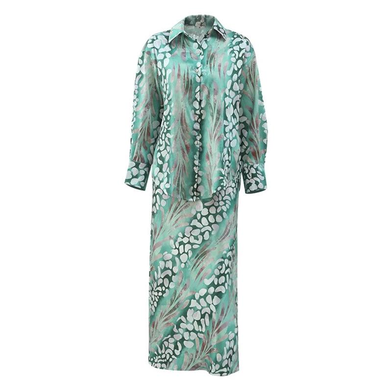 Elegant Printed Lapel Long Sleeve Shirt Dress Set