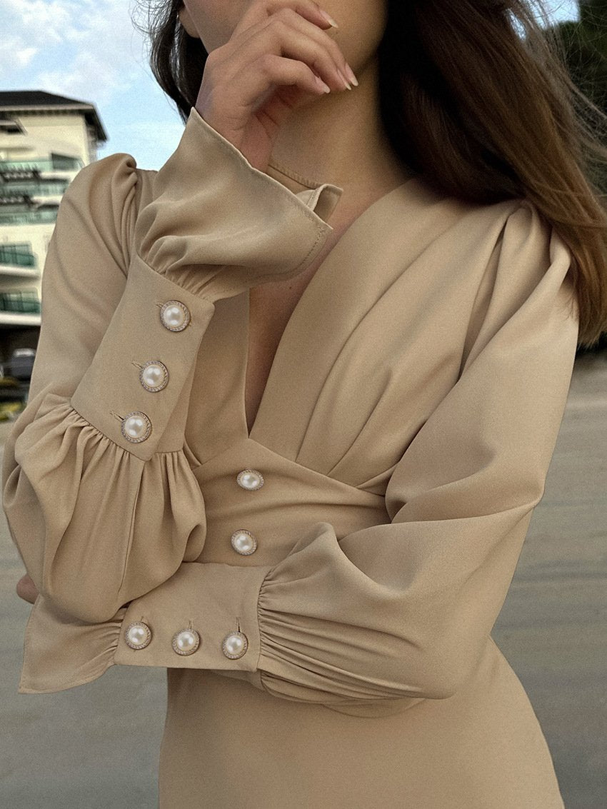 Elegant V-Neck Button Dress