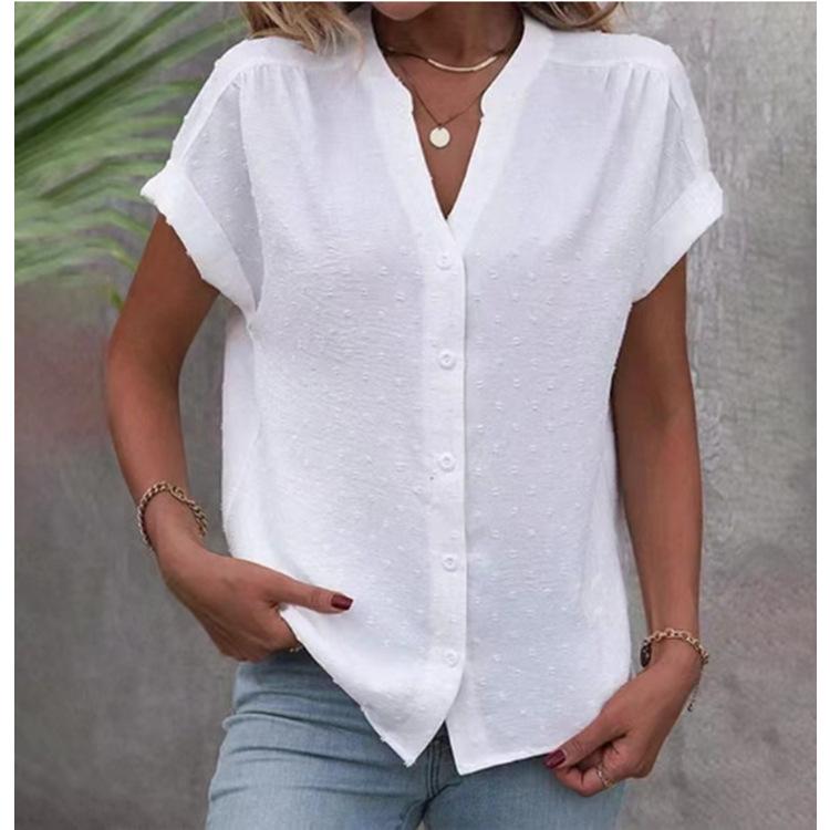 Solid V-Neck Button-Up Blouse