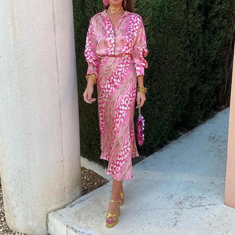 Elegant Printed Lapel Long Sleeve Shirt Dress Set