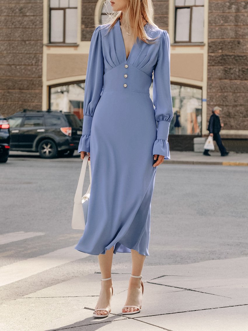Elegant V-Neck Button Dress