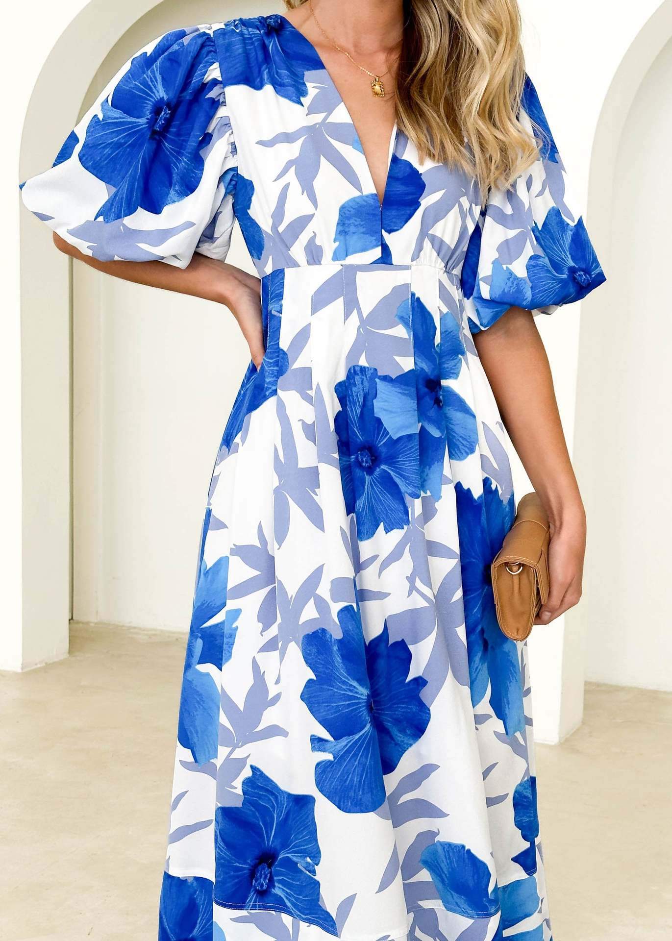 Elegant Floral Printed Puff Sleeve A- Line Maxi Dress