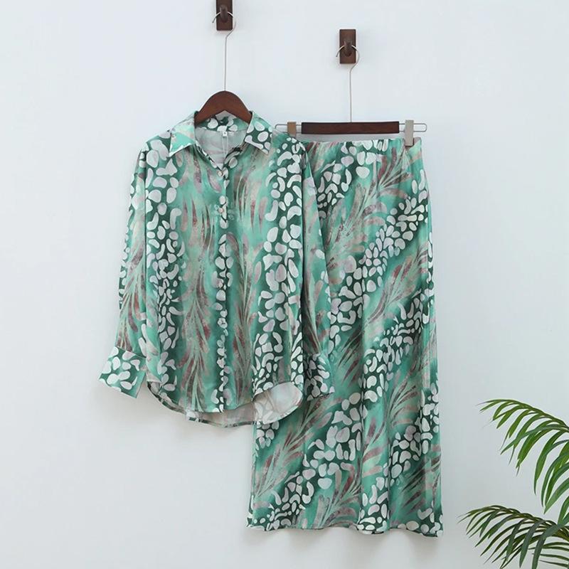 Elegant Printed Lapel Long Sleeve Shirt Dress Set