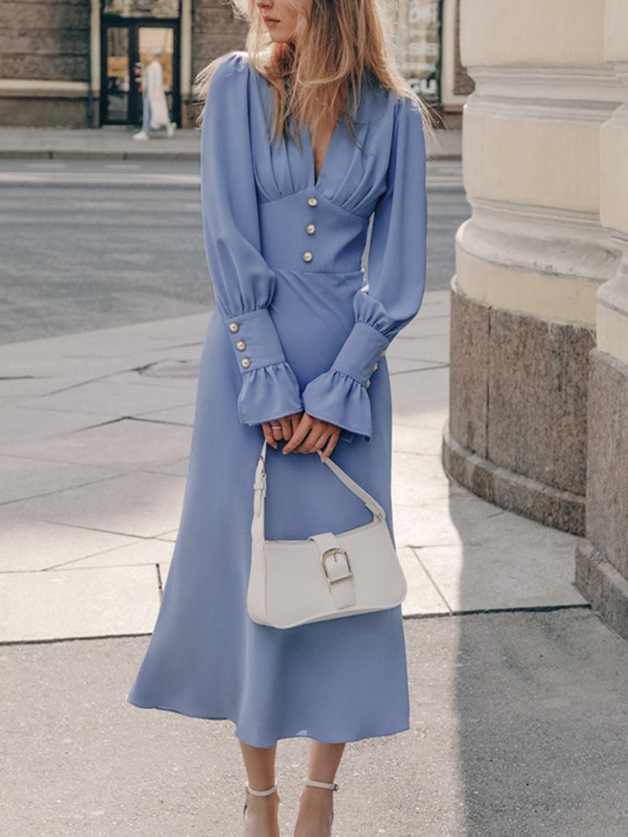 Elegant V-Neck Button Dress