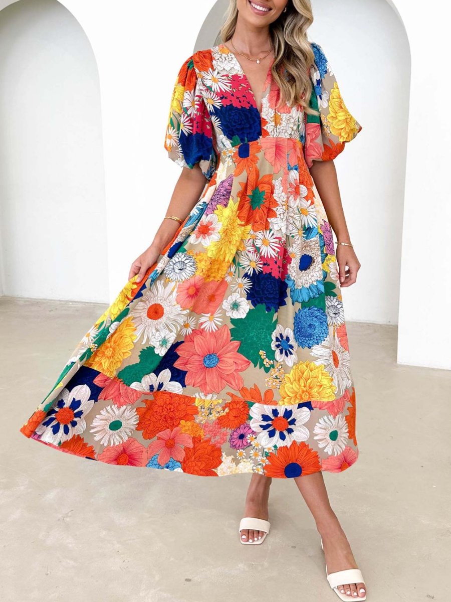 Elegant Floral Printed Puff Sleeve A- Line Maxi Dress