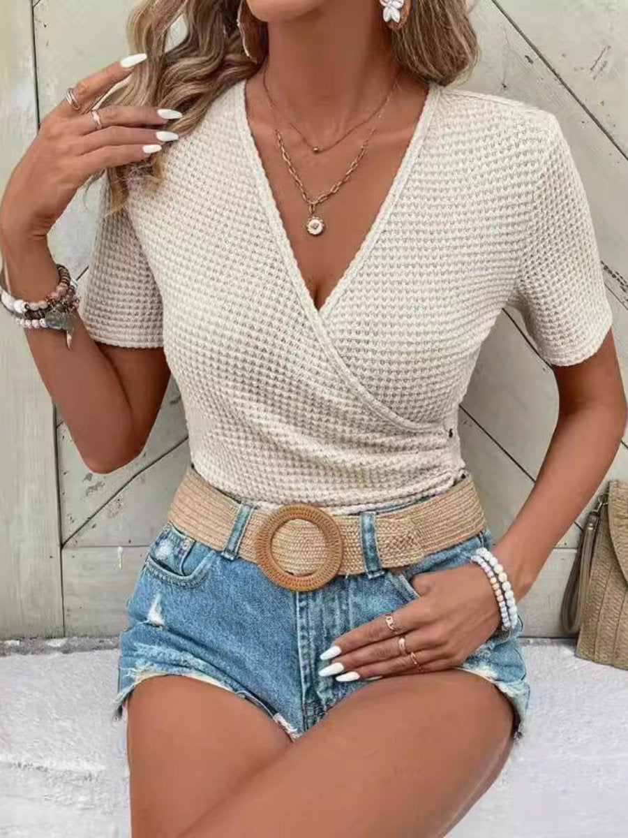 Sexy V-neck Button Pleated Knitted Solid Color Short Sleeve T-shirt