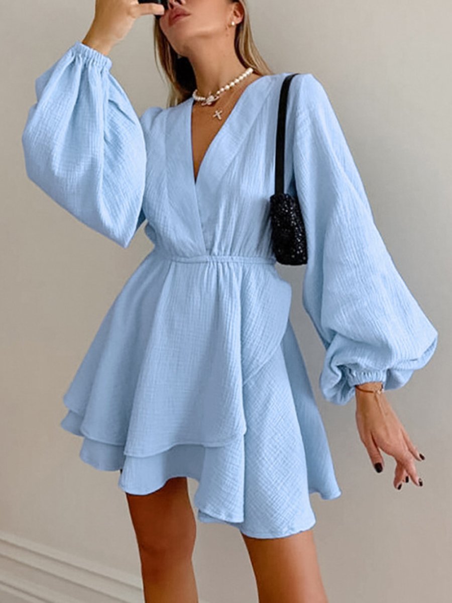 Fashion V-neck Solid Color Mini Dress