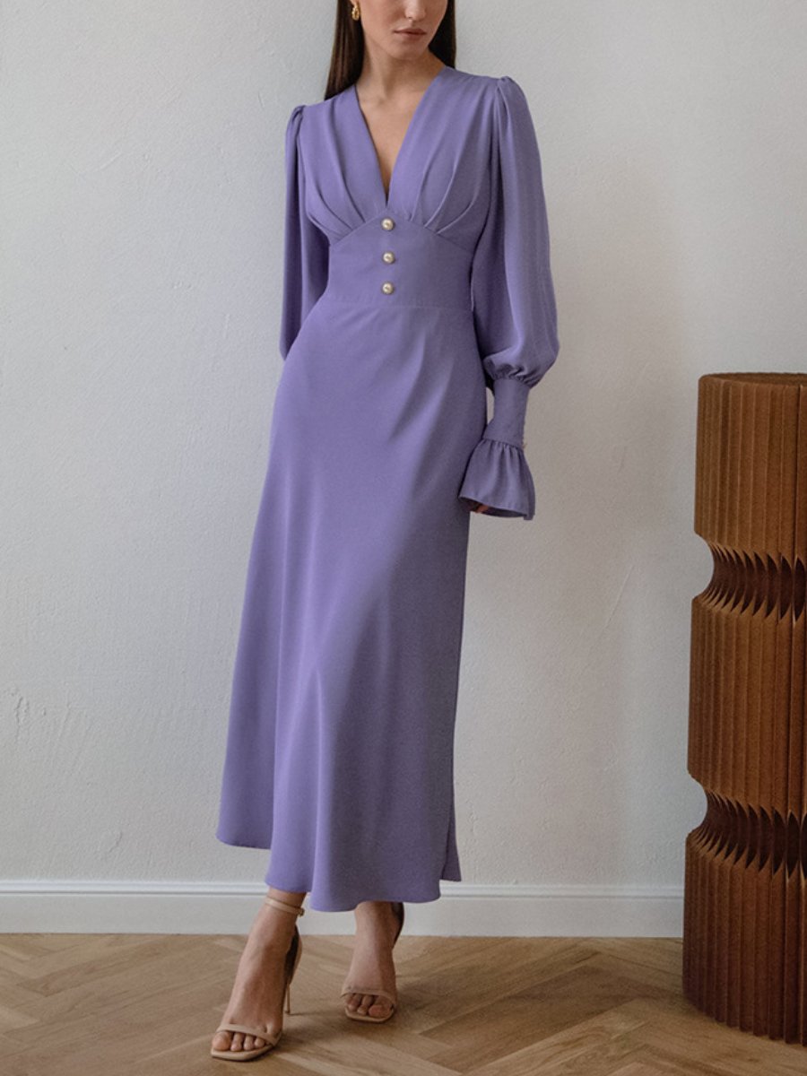 Elegant V-Neck Button Dress