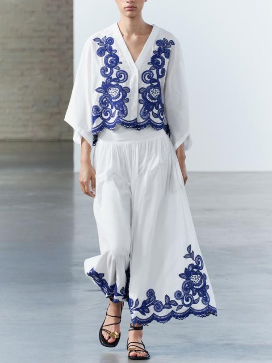 Elegant V-neck Embroidered Dress Two-piece Set