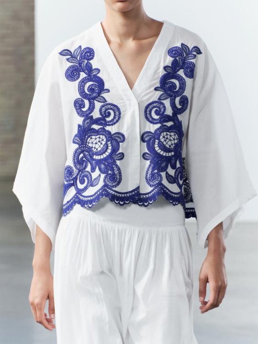 Elegant V-neck Embroidered Dress Two-piece Set