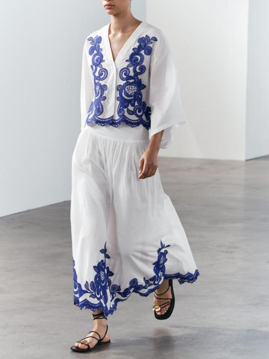 Elegant V-neck Embroidered Dress Two-piece Set