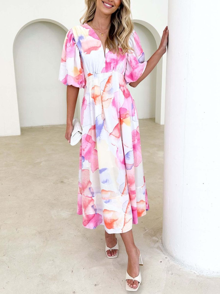 Elegant Floral Printed Puff Sleeve A- Line Maxi Dress