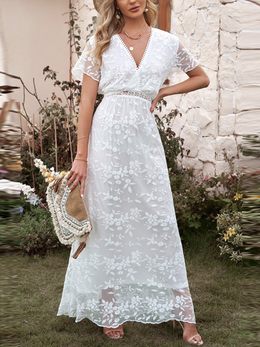 Elegant Lace White Maxi Dress