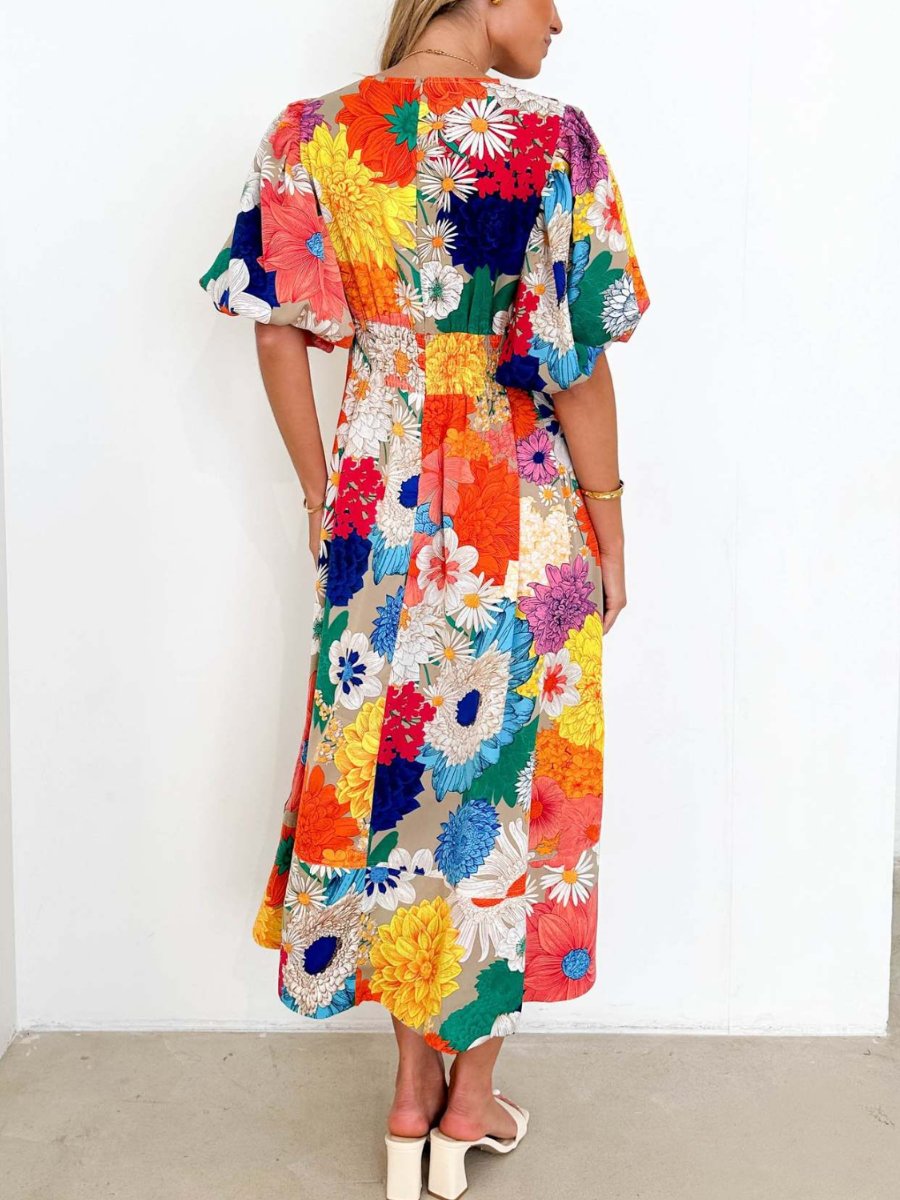 Elegant Floral Printed Puff Sleeve A- Line Maxi Dress