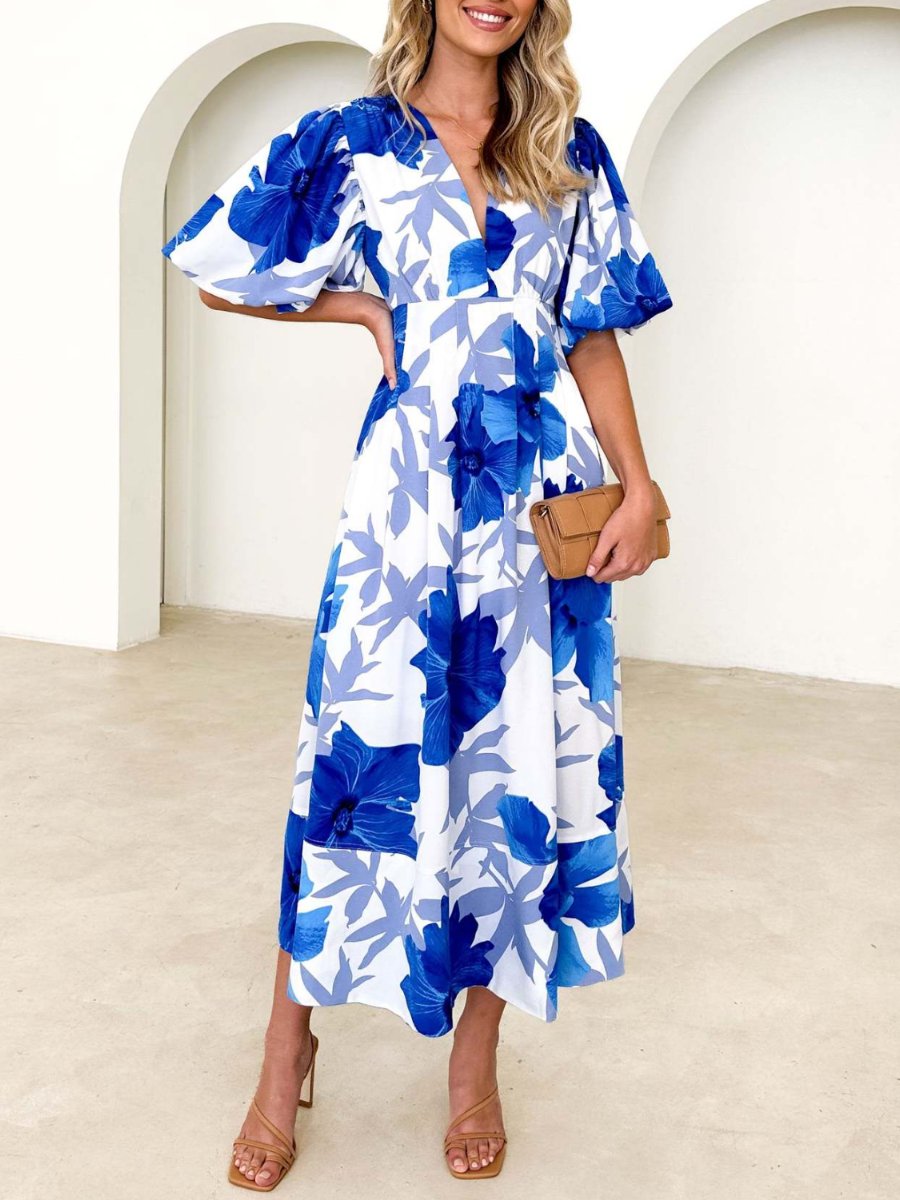 Elegant Floral Printed Puff Sleeve A- Line Maxi Dress
