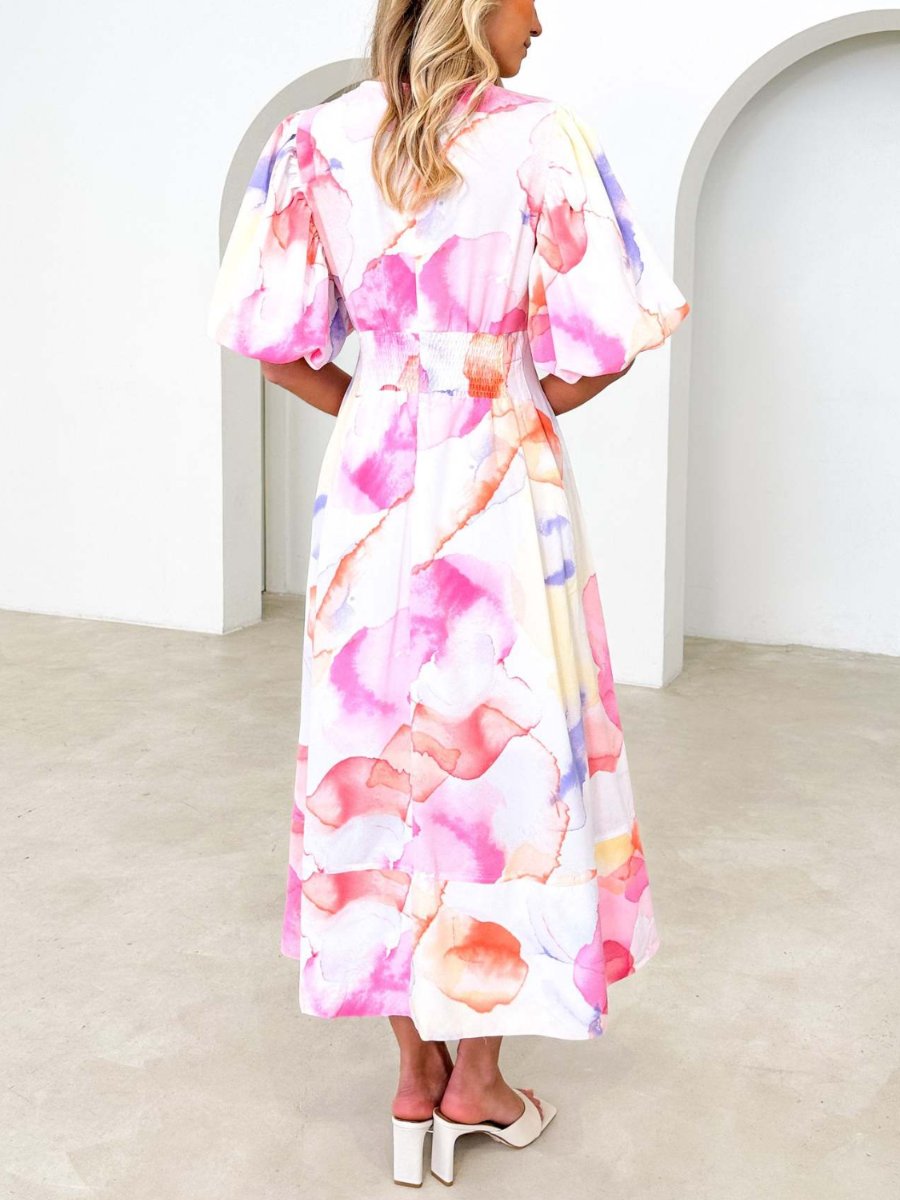 Elegant Floral Printed Puff Sleeve A- Line Maxi Dress