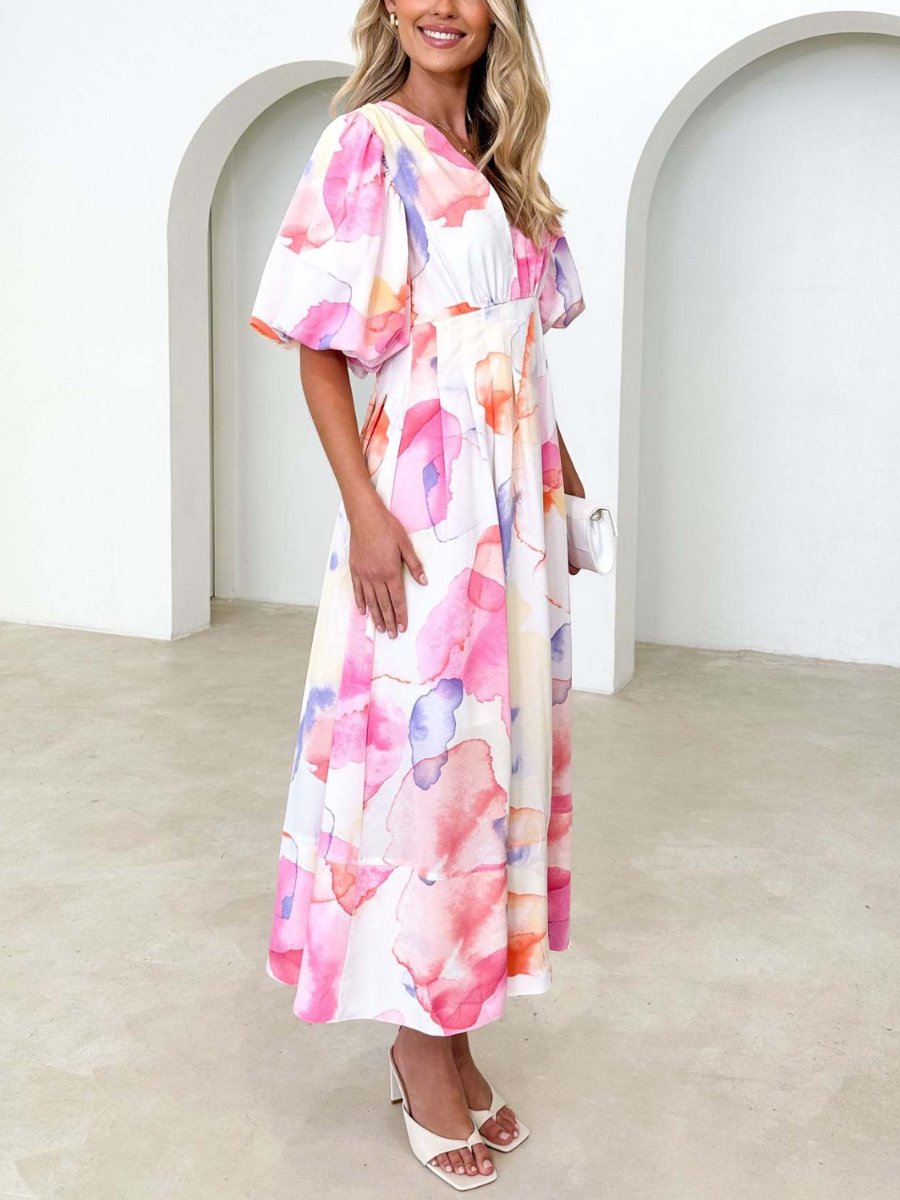 Elegant Floral Printed Puff Sleeve A- Line Maxi Dress