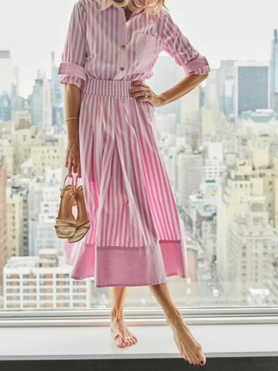 Comfortable Striped Shirt Two-Piece Mid-Dress