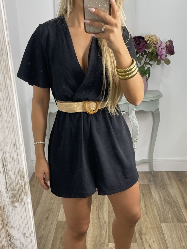 Casual V-neck Short-sleeve Pocket Shorts Jumpsuit