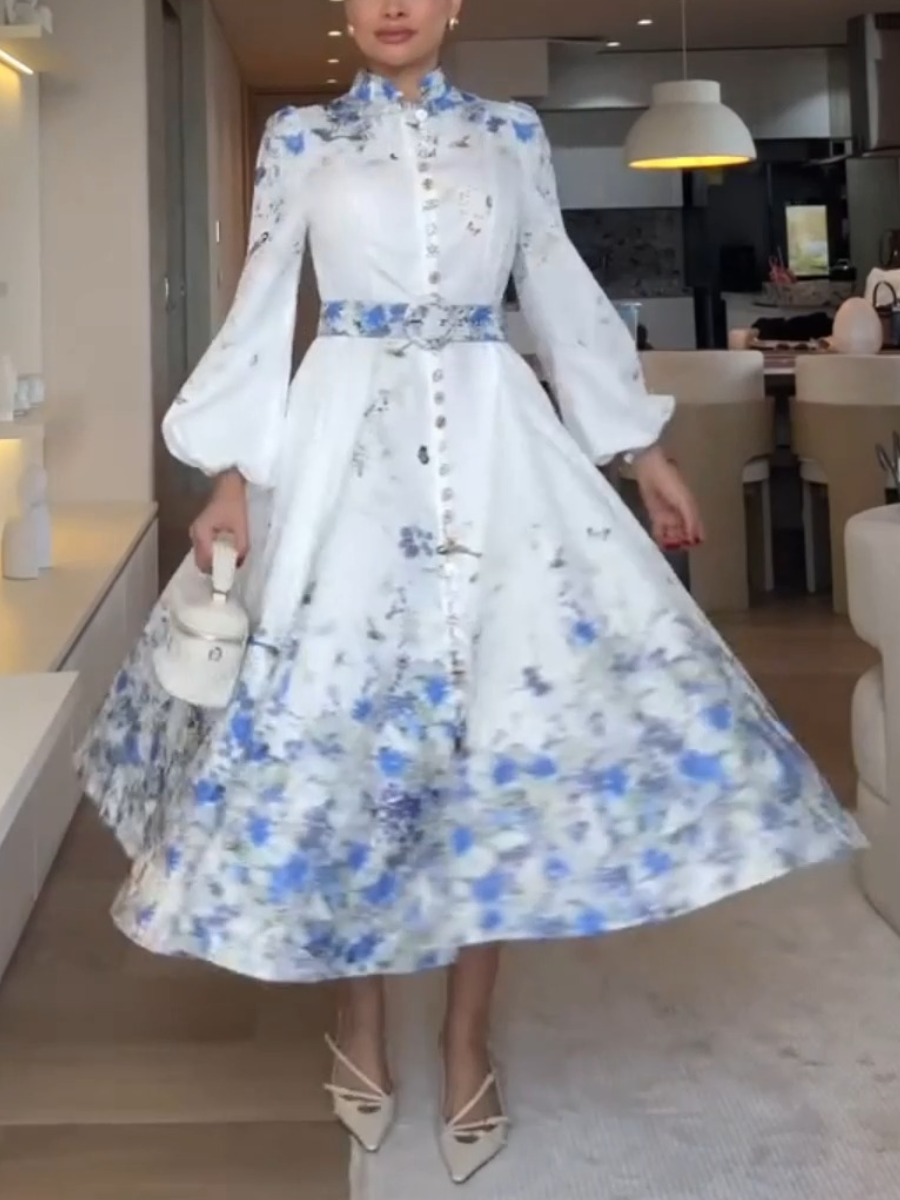 Elegant Blue Floral White Dress