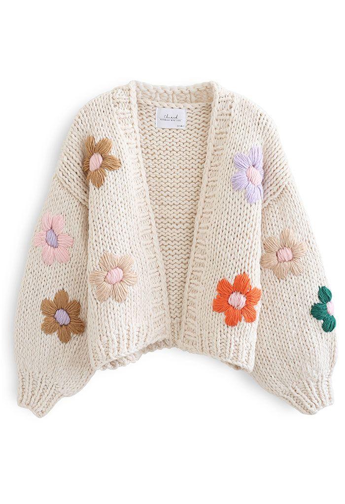 Floral Hand Knit Crew Cardigan