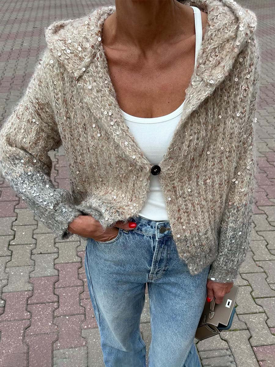 Sequined Hooded Sweater Knitted Cardigan