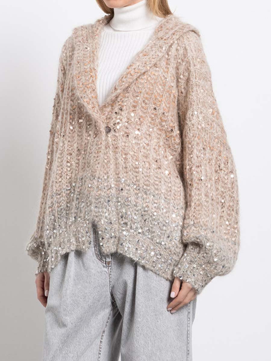 Sequined Hooded Sweater Knitted Cardigan