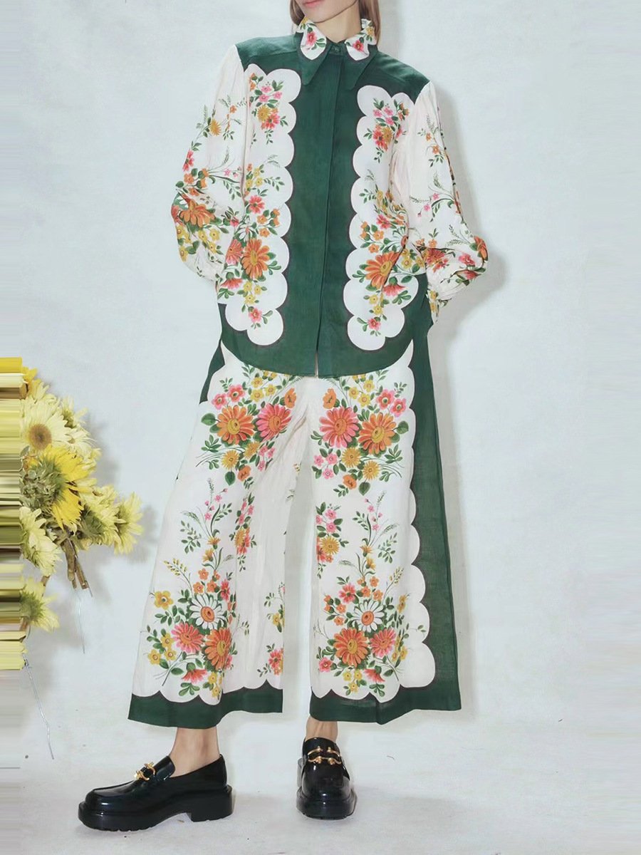 Floral Print Turtleneck Puff Sleeve Suit