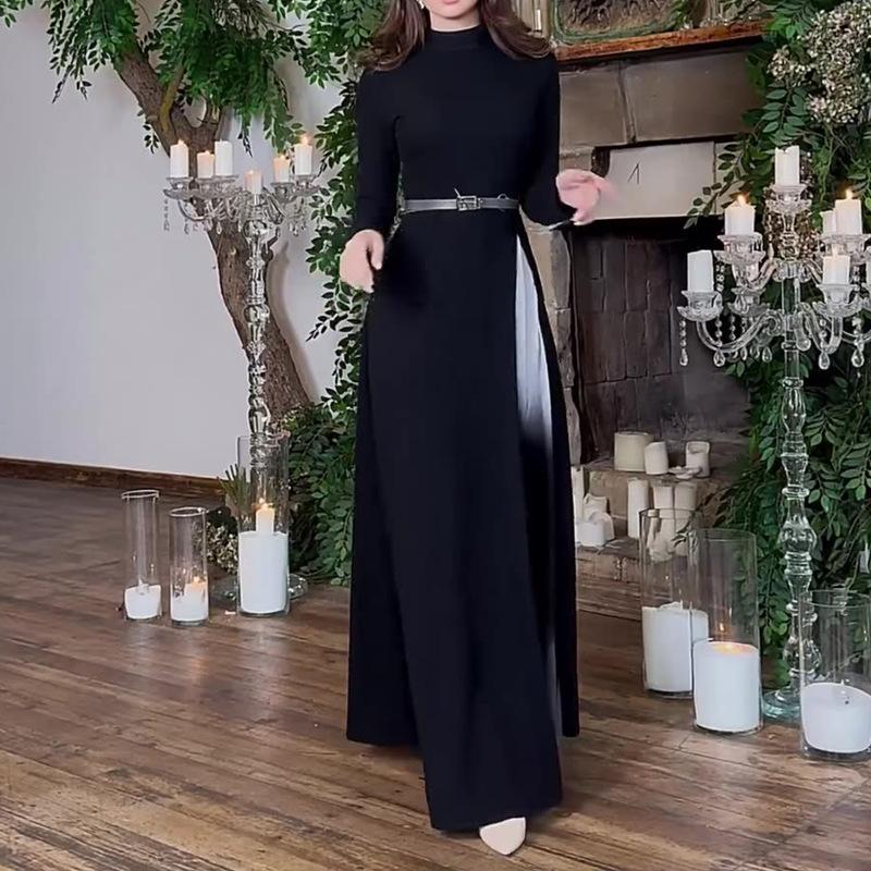 Fashion Contrast Color Round Neck Slim Elegant Dress