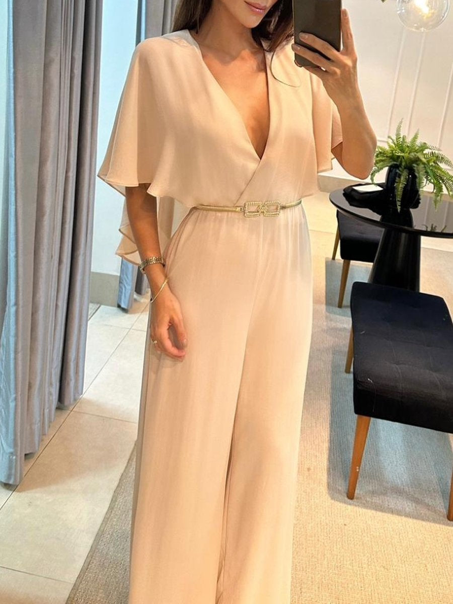 V Neck Dolman-Sleeved Solid Wide-Leg Jumpsuit