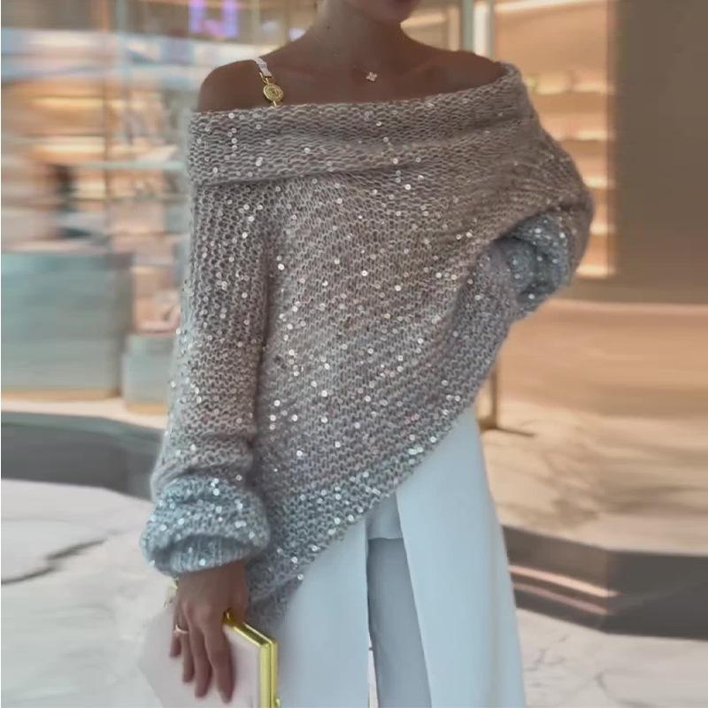 Sequined One-shoulder Loose Sweater