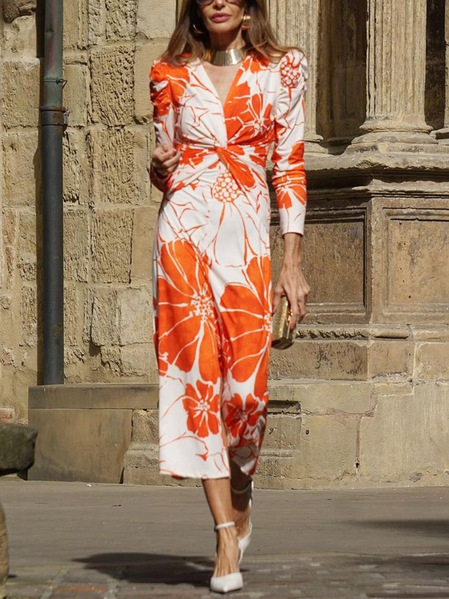 Long Sleeve V-Neck Flower Midi Dress