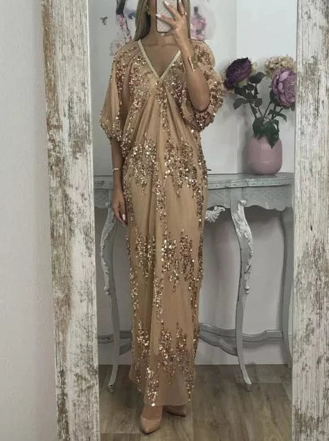 Elegant V-Neck Sequin Maxi Dress