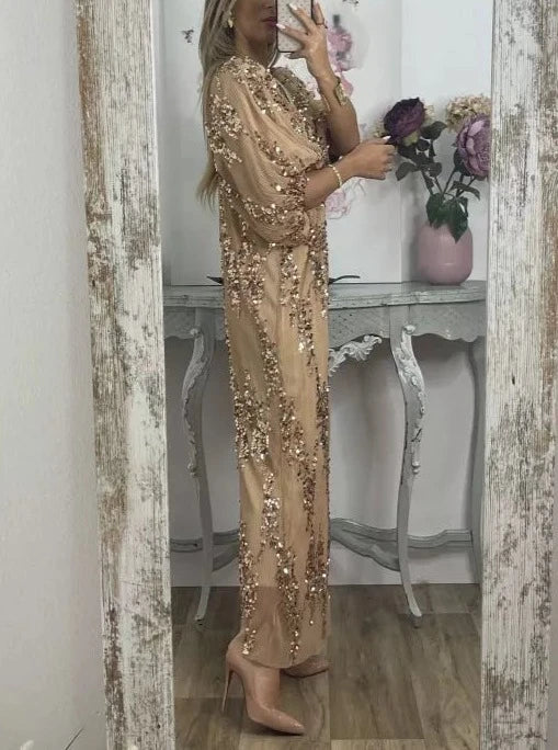 Elegant V-Neck Sequin Maxi Dress
